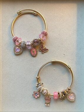 Gold-Tone Pink Charm Bracelet Set - Womens Fashion Jewelry - Bundle of 2